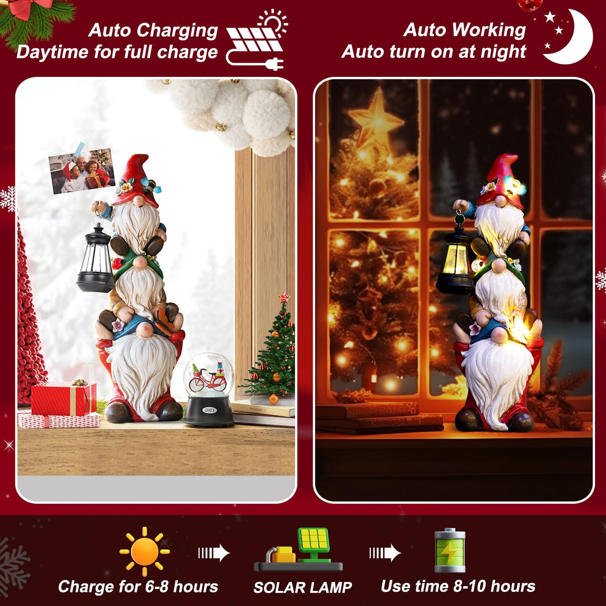 twinbling Christmas Garden Gnome Statue with Solar Lights Garden Sculptures Funny Triple Gnome Outdoor Patio Lawn Yard Balcony Home Decor Birthday Gifts for Women Mom Grandma 12 in Thanksgiving Gnome