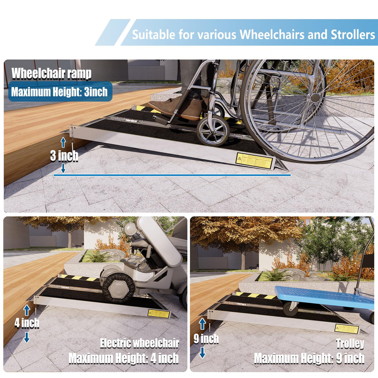 NEOWISM Protable wheelchair ramp 3FT,Non-Slip Folding Aluminum Handicap Ramps,Threshold Ramp for home,Holds up to 600lbs,Wheelchair ramp for steps,Mobility Scooter,Doorways (3FT Useing Height 3-9inch)