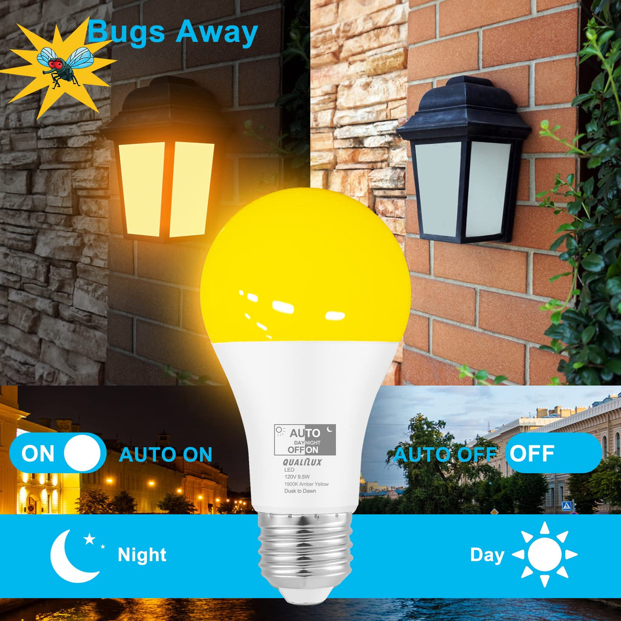 Qualilux Dusk to Dawn A19 LED Bug Light Bulbs Outdoor, 1900K Amber Yellow, 600 Lumen, 9.5W, E26, 4-Pack, HQ-H018