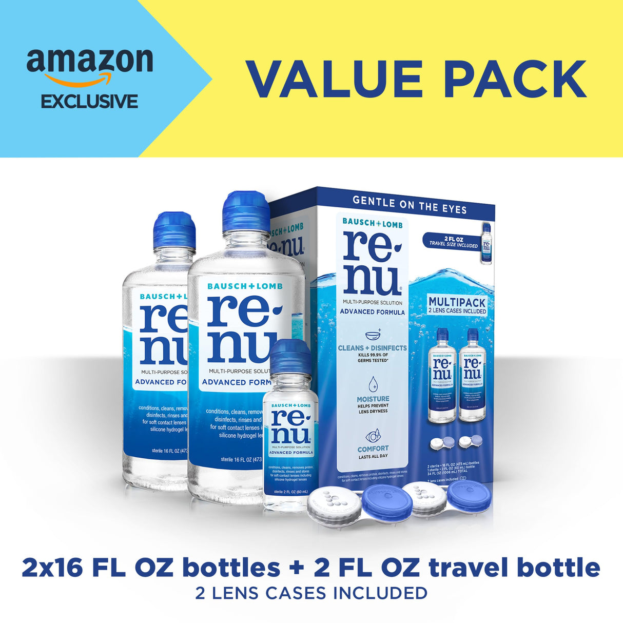Renu Contact Lens Solution, Advanced Formula, Multi-Purpose Solution with Lens Case, Gently Cleans, Disinfects, Moisturizes & Hydrates Soft Lenses, 16 Fl Oz (Pack of 2) + Travel Size 2 Fl Oz