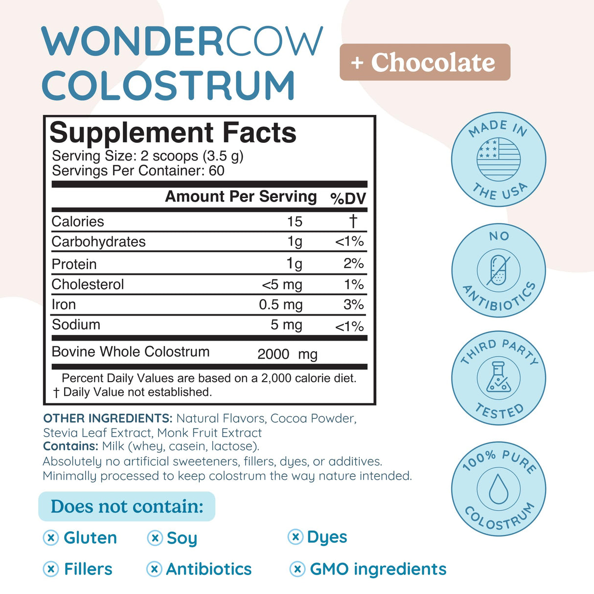 WONDERCOW Colostrum Supplement Powder for Gut Health, Immune Support, Muscle Recovery & Wellness | Natural IgG Pure Whole Bovine Colostrum Superfood, Chocolate, 60 Servings