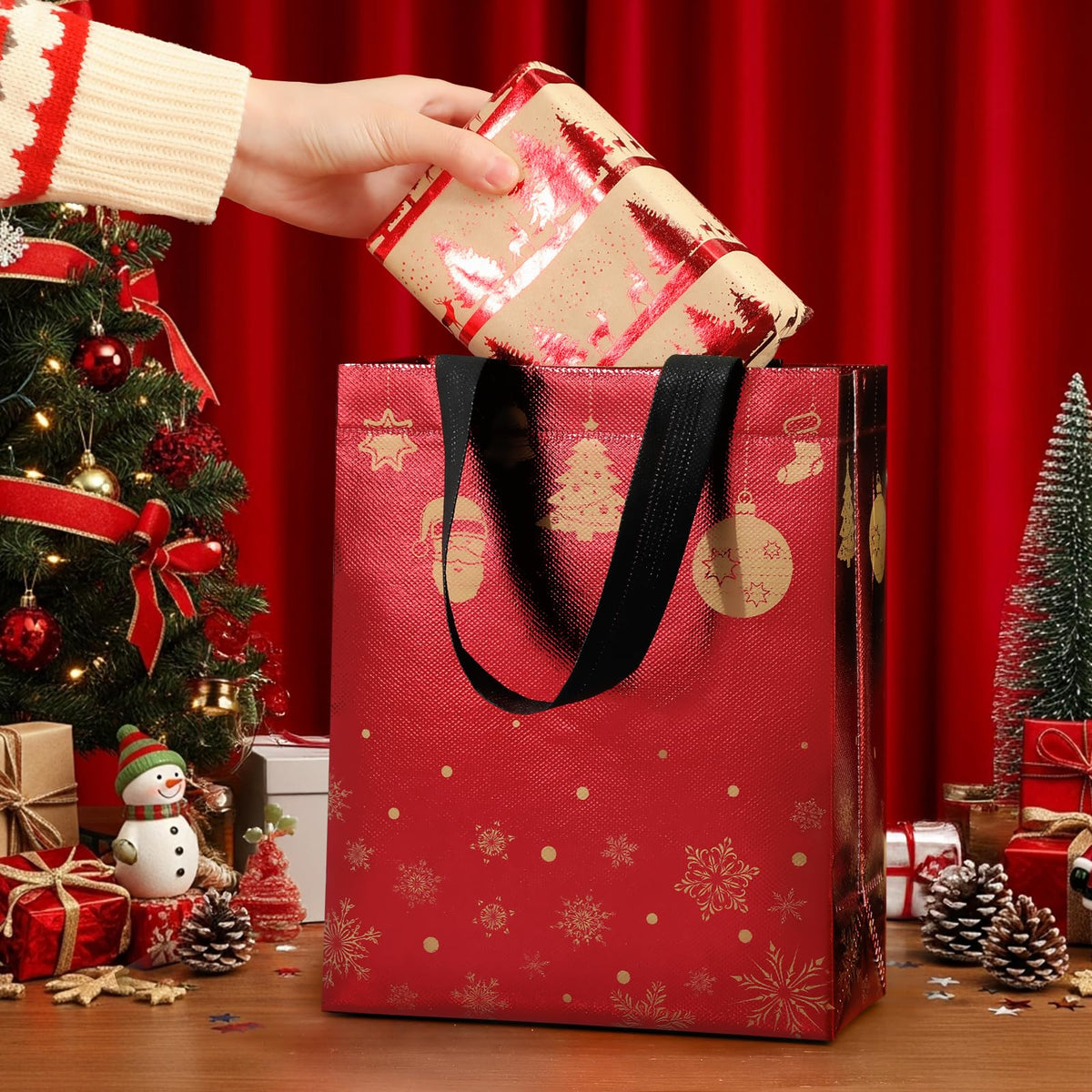 STYPOP 16 Pack 10" Christmas Gift Bags Medium Size with Tissue Paper, Reusable Non-Woven Christmas Tote Bags with Handles, Perfect for Holiday Gift Wrap/Party Favor Supplies, 10.2" × 8.3" × 4"