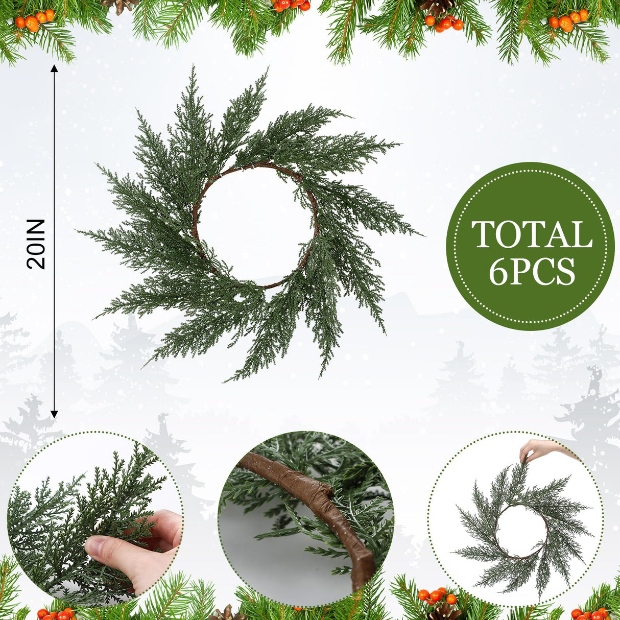 Gandeer Christmas Placemats Set of 6 Round Greenery Place Mats Xmas Circular Artificial Wreath Dining Table Decor Winter Fake Plants Branches Mats for Kitchen Accessories(Cedar)