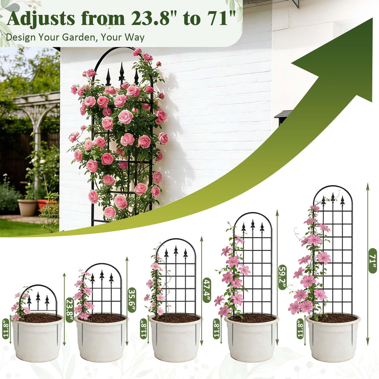 ArdeFentium 2 Pack 47" H x17 W Garden Trellis for Climbing Plants Outdoor - Metal Rustproof Arched Rose Trellis for Outdoor Indoor Roses Potted Vines Cucumbers Clematis Flowers Decorative, Black
