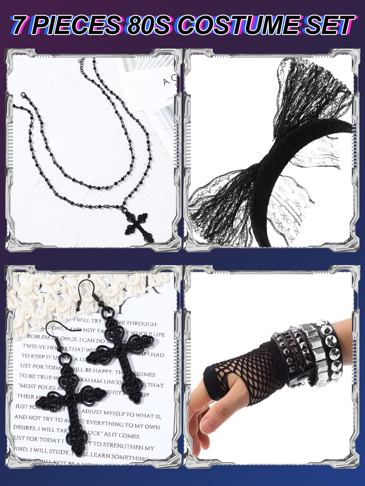 Ecation 7 Pcs 80s Women Costume Accessories Halloween Leather Punk Bracelet Black Cross Necklace Lace Headband Fishnet Glove(Classic Style)