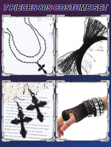 Ecation 7 Pcs 80s Women Costume Accessories Halloween Leather Punk Bracelet Black Cross Necklace Lace Headband Fishnet Glove(Classic Style)