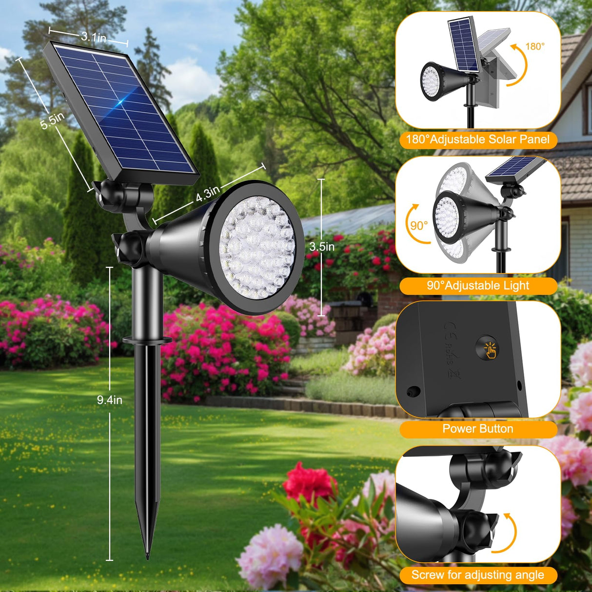 APOMAO Solar Spot Lights Outdoor, 36 LEDs 1000LM Adjustable Solar Lights Outdoor Waterproof, 2-in-1 Solar Powered Spotlights Landscape Lighting for Garden, Yard, Pathway- 4 Pack (Cool White)