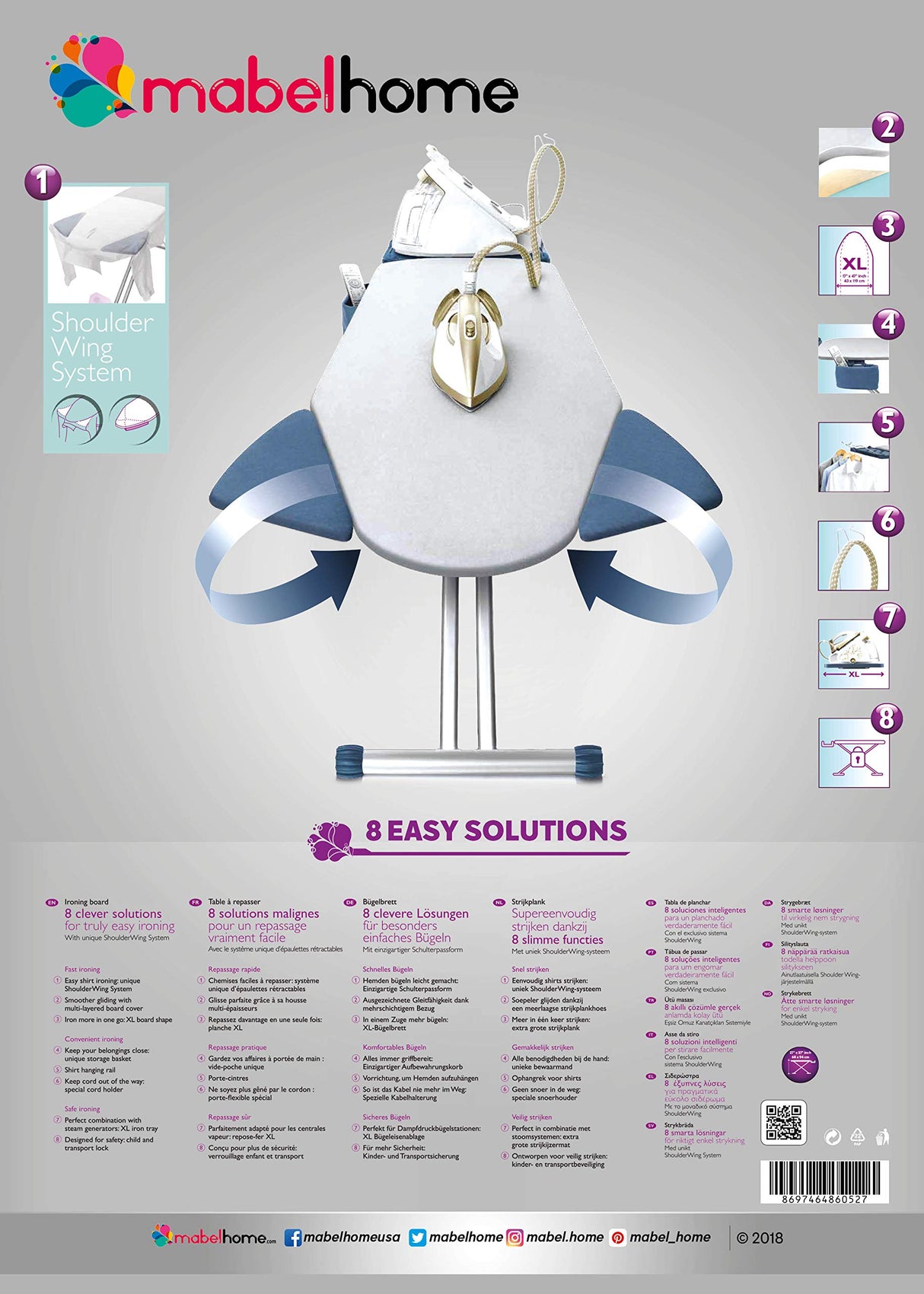 Mabel Home Ironing Board with Extra-Wide Surface, 8 Features, Retractable Shoulder Wings, Adjustable Height, 100% Cotton Cover