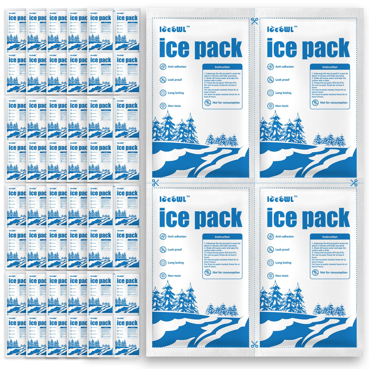 ICE OWL Dry Ice Packs for Shipping Non-Stick for Food Double-Sided Absorption TUV and SGS Tests Long Lasting Shipping Cold Packs 20 Sheets 14"x8.7" 20x4 for Coolers Lunch Bags 80Cells