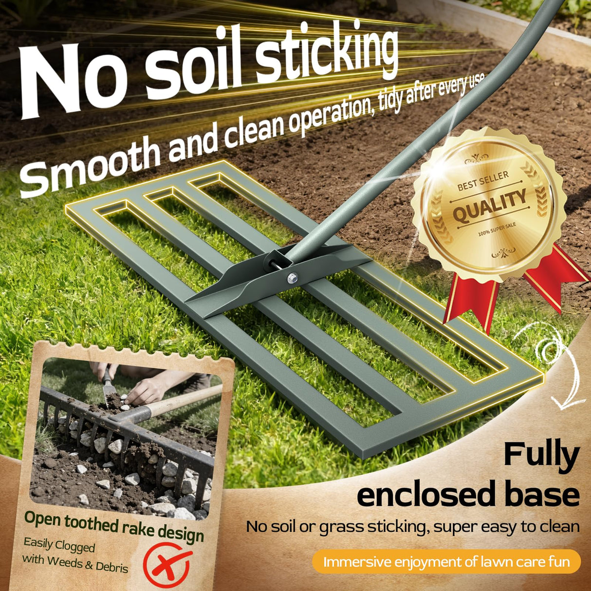 HamRoRung Lawn Leveling Rake -31.5''x11.8'' Heavy Duty Leveling Rake, Ergonomic Handle, Professional Ground Leveler for Yard, Soil, Grading, Gravel, Seeding, Do Not Hurt Turf, Save Effort