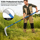 12.6'' Scythe Tool for Grass Cutting, 4 Stainless Steel Poles, Adjustable Dual-Hand Grip, Professional-Grade Blade, for Clearing Bushes, Vines, Fields, Ditches, Paths, Landscaping, Blue, 67in.