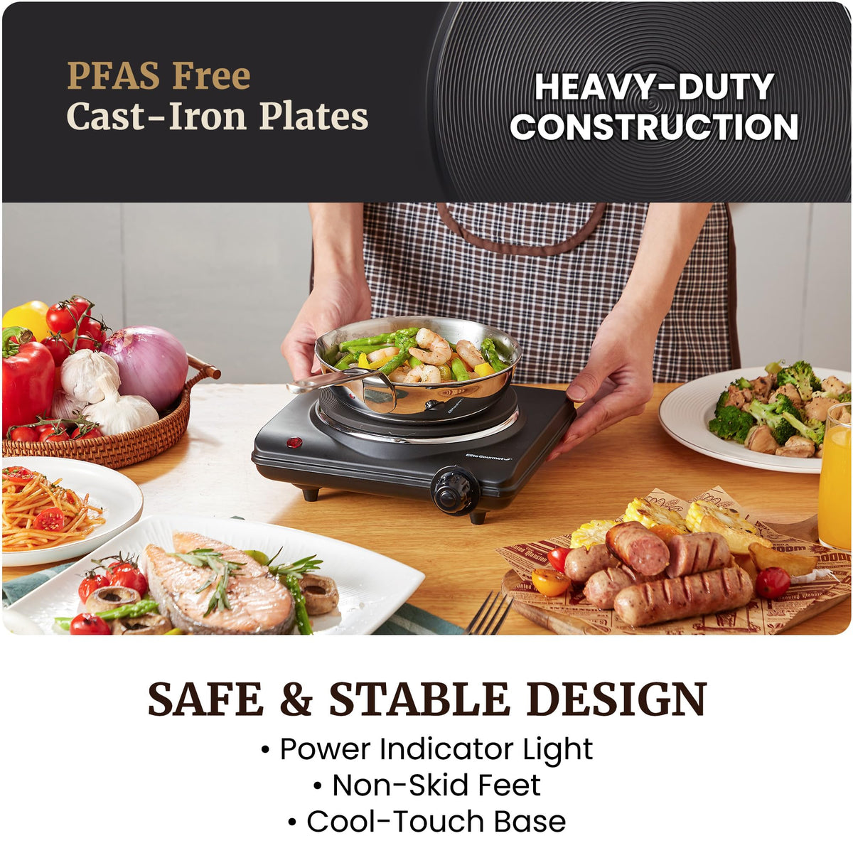 Elite Gourmet Electric Burner, 1000W Cast Iron Hot Plate, 7 Heat Settings