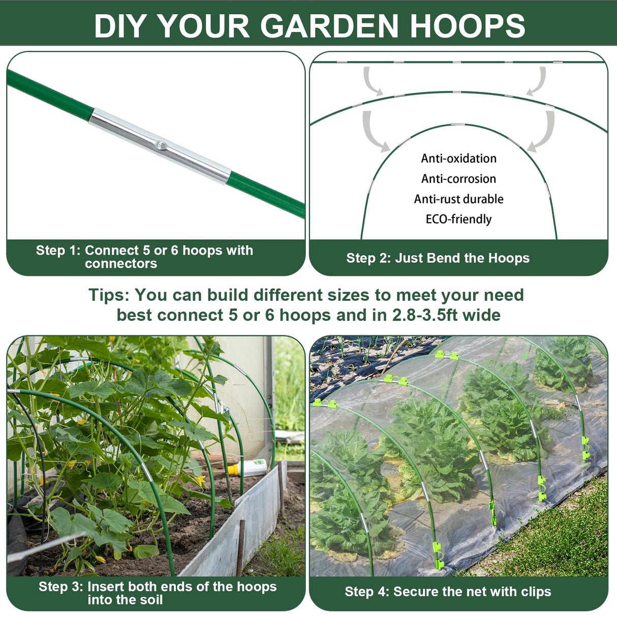Aierden 36Pcs Garden Hoops for Raised Beds,6 Sets of 8FT Long Greenhouse Hoops Grow Tunnel, Fiberglass Support Hoops Frame for Fabric Netting,DIY Plant Support Garden Stakes for Row Cover