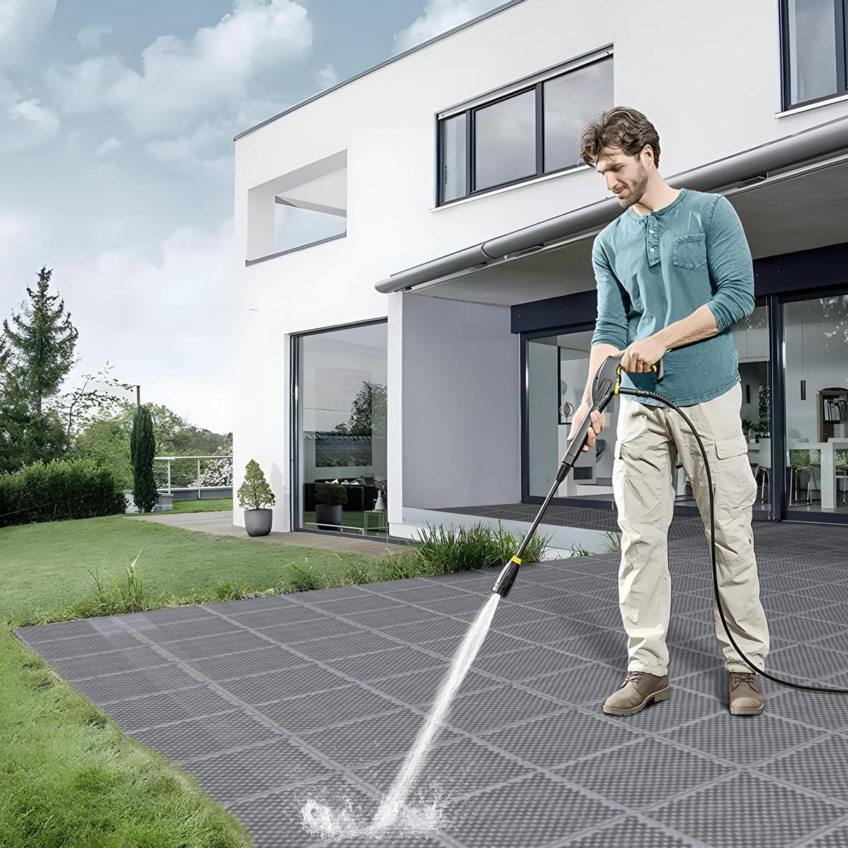 16 PCS Modular Interlocking Cushion Interlocking Floor Tiles with Hole Drainage Mat 10" x 10" Non Slip Pool Deck Mat Outdoor for Drain Deck Pool Patio Shower Kitchen Balcony (Grey)