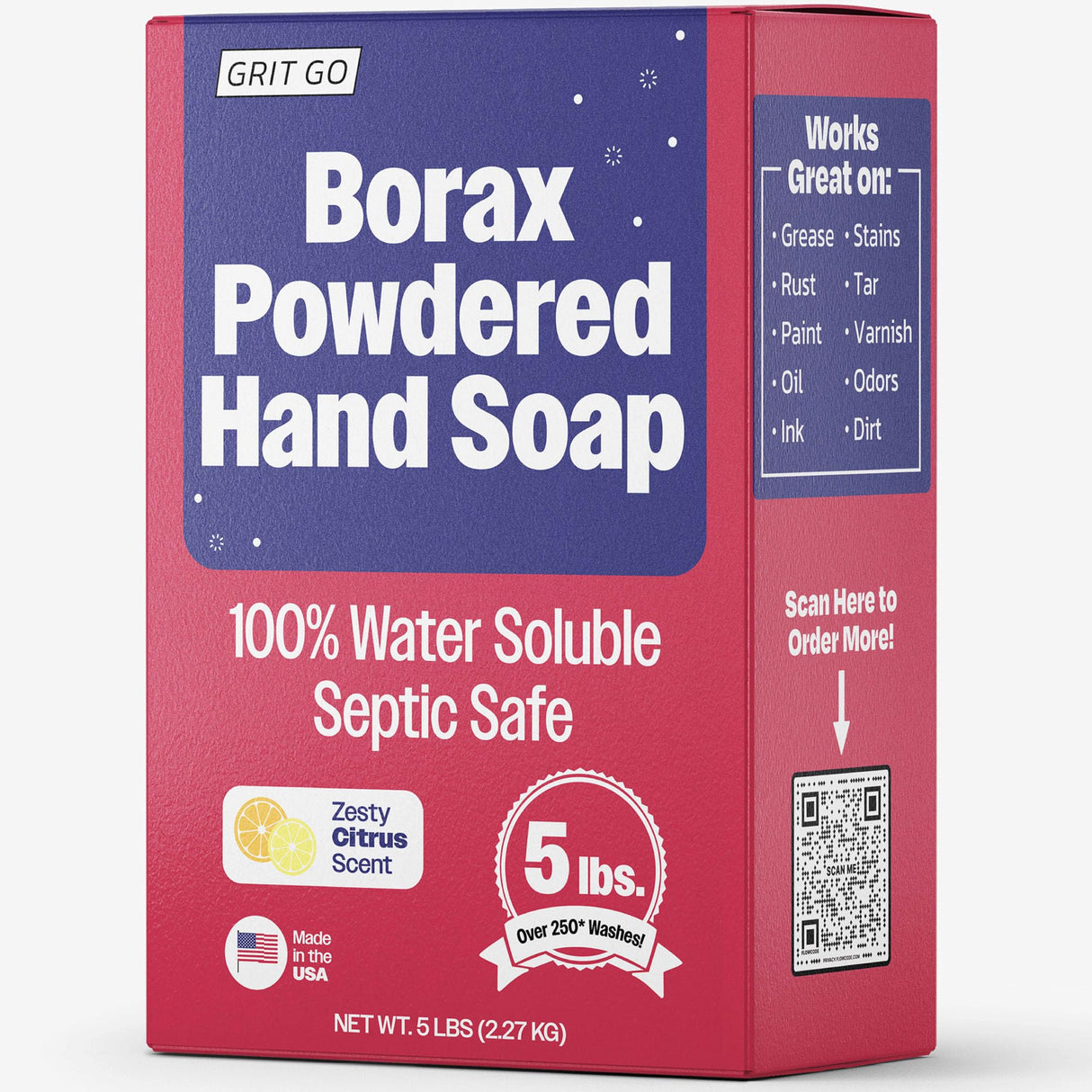 Grit Go Borax Powdered Hand Soap – Heavy-Duty Cleaning, 100% Water Soluble, Septic Safe, Cuts Grease, Oil & Dirt (5 lbs)