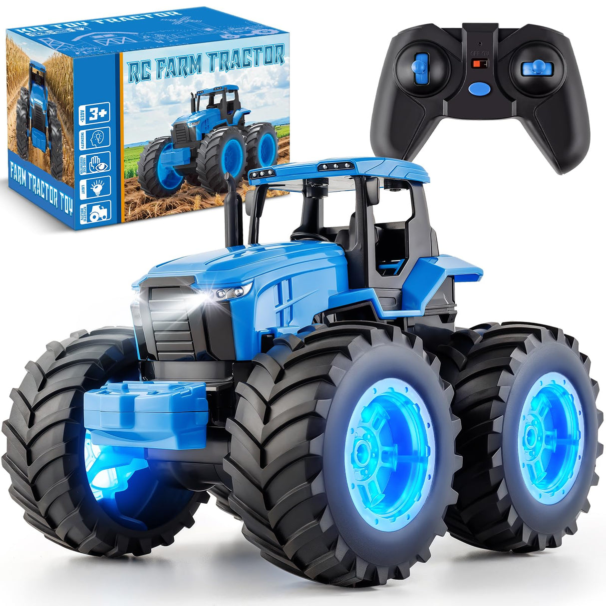Remote Control Monster Tractor Toy for 3, 4, 5, 6, 7 years old, Blue Light Up Monster Trucks Toy with LED Lights Toddlers RC Farm Vehicle Toys for Boys ＆ Girls Ideal Christmas, Birthday Gifts for Kids