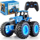 Remote Control Monster Tractor Toy for 3, 4, 5, 6, 7 years old, Blue Light Up Monster Trucks Toy with LED Lights Toddlers RC Farm Vehicle Toys for Boys ＆ Girls Ideal Christmas, Birthday Gifts for Kids