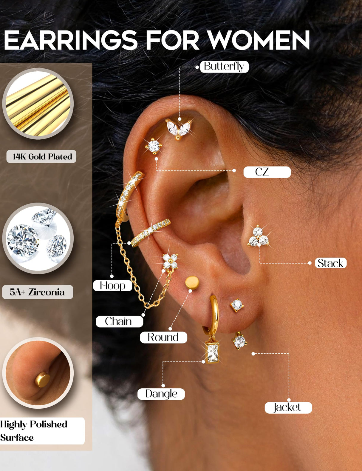 ORAZIO Small Hoop Stud Earrings Stacks for Women Gold Plated Huggie Hoops
