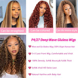 Highlight Ombre 4/27 Human Hair Wear and Go Glueless Wigs Deep Wave Curly Wet and Wavy Lace Front Pre Plucked Pre Cut 5x5 HD Lace Closure Wigs for Black Women (highlight ombre 4/27, 22 Inch)