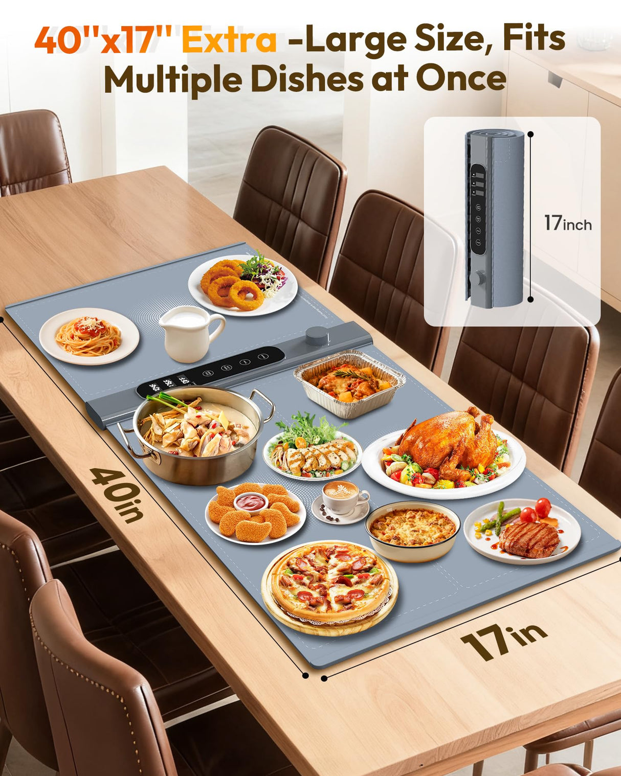 3-Zone Independent Warming Mat for Food 40"x17" XXL, Food Warming Mat with 17 Precise Temp Levels & 1–6H Timer, Heating Mat for Food, Silicone Roll-Up Food Warmer & Warming Tray for Party Buffets