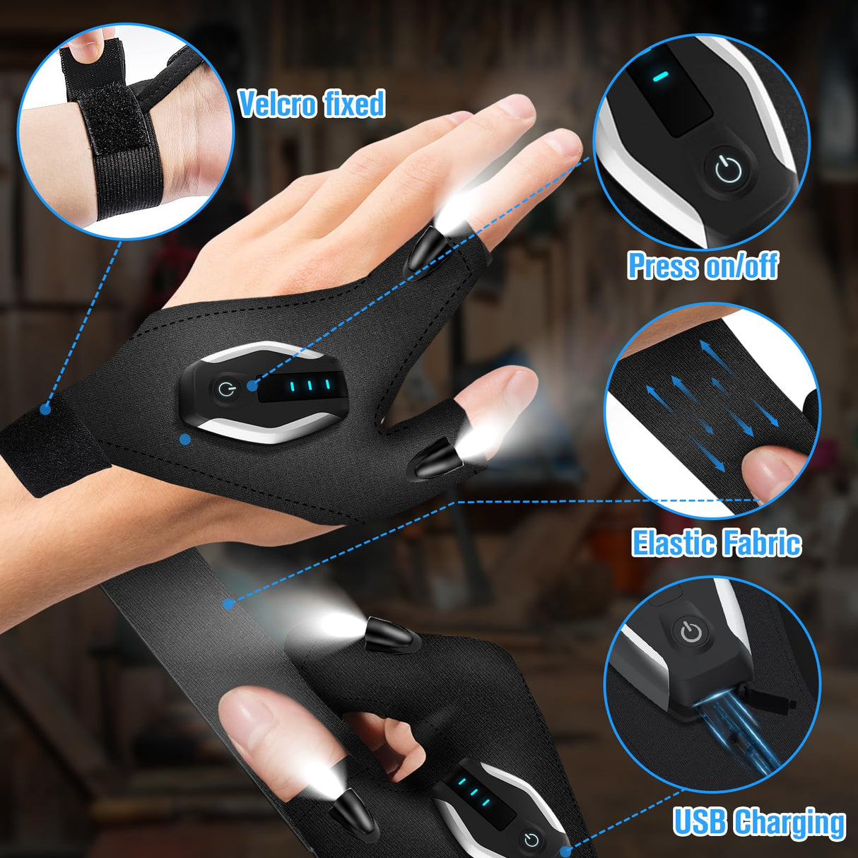 Stocking Stuffers Gifts for Men LED Flashlight Gloves, Mens Gifts for Christmas Anniversary Birthday Gifts for Men Dad Husband Him Husband, Camping Essentials Cool Gadgets Tools for Fishing Repairing