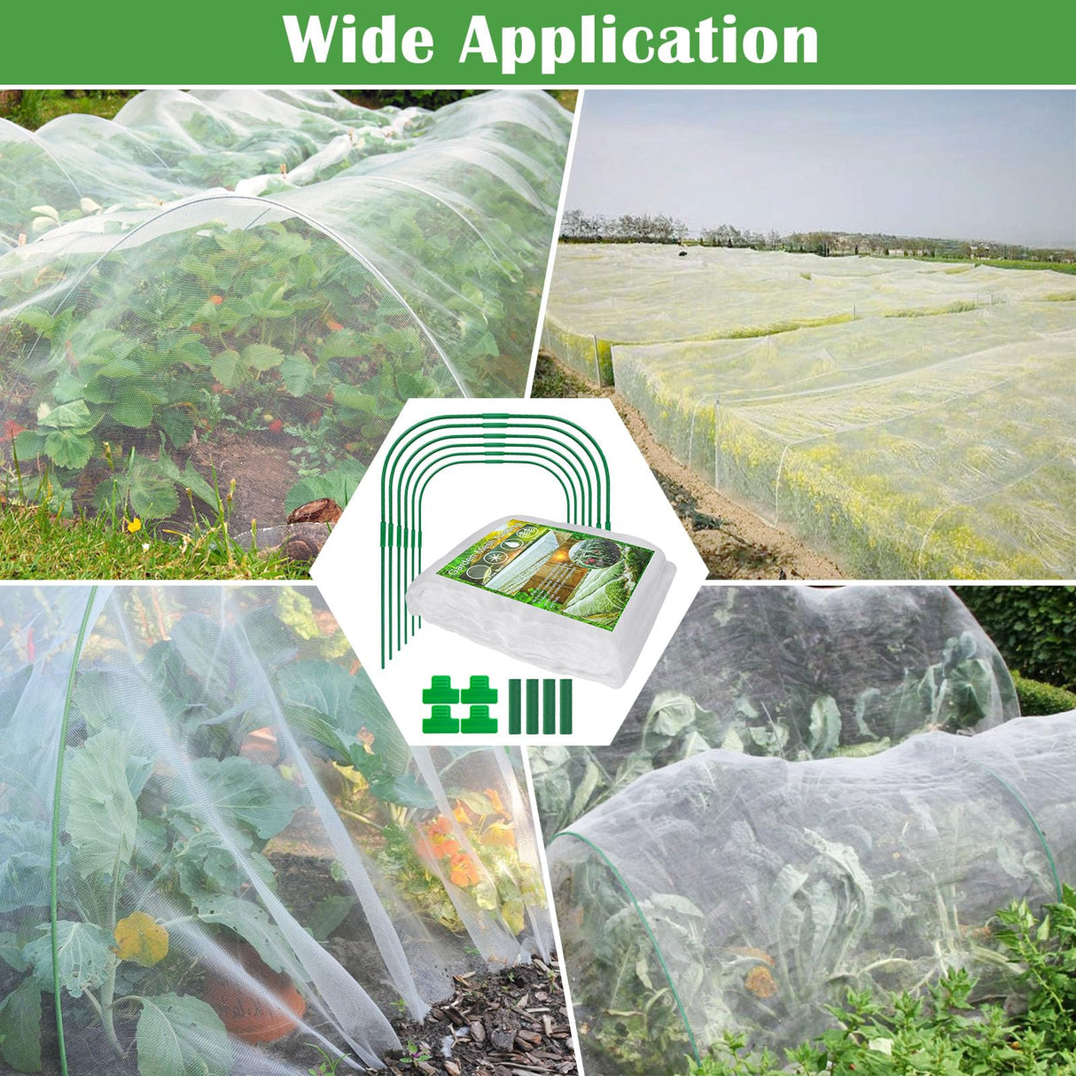 Unves 67 Pcs Garden Netting Kit, 10x25 Ft Ultra Mosquito Bird Netting with 6 Hoops & 12 Clips, Fruit Tree Netting for Patio Raised Beds Vegetable Flowers Protection Barrier
