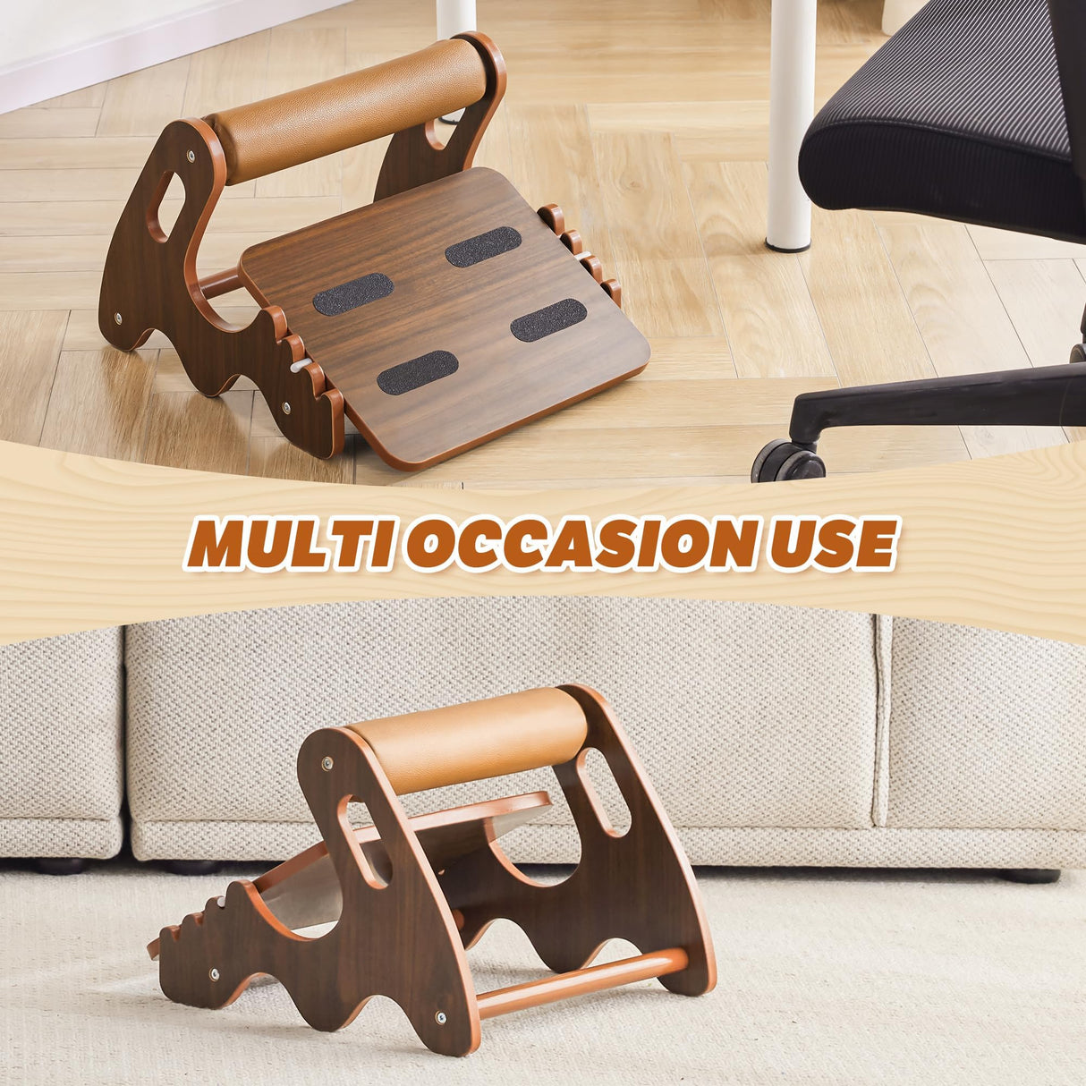 Spacocld Foot Rest for Under Desk at Work- Adjustable Rocking Foot Stool with 3 Height Positions and Soft Crossbar, Ergonomic Wooden Footrest with Anti-Slip Surface for Home, Office