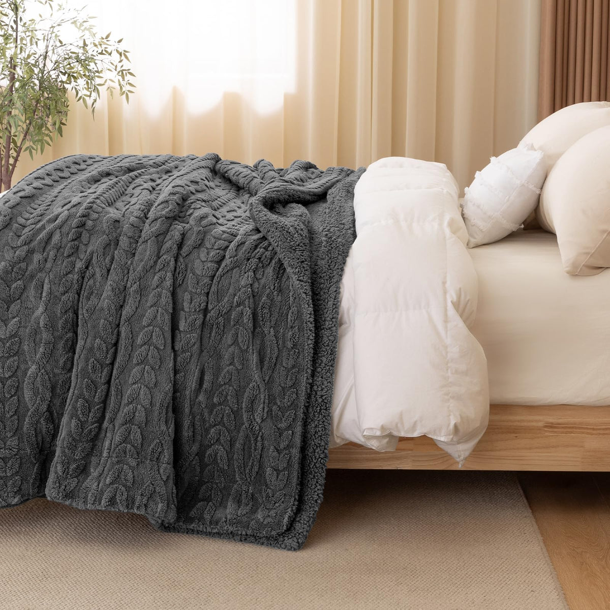PHF Fluffy Sherpa Blanket Queen Size for Winter, Warm and Soft, 510GSM 3D Jacquard Thick Shaggy Fleece Plush Blanket for Sofa Bed, Dark Grey, 90"x90"
