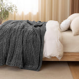 PHF Fluffy Sherpa Blanket Queen Size for Winter, Warm and Soft, 510GSM 3D Jacquard Thick Shaggy Fleece Plush Blanket for Sofa Bed, Dark Grey, 90"x90"