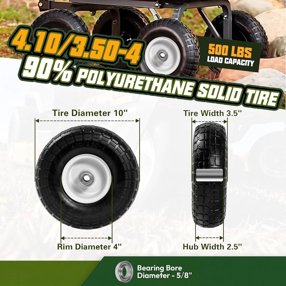 QILINGLORY 4.10/3.50-4 Flat Free Tire and Wheel, 10" Solid Tire with 5/8" bearing bore, Replacement for Gorilla Cart,Hand Truck, Dolly, Wheelbarrow, 500 lbs Load Capacity (10 Inch, 2-Pack)