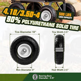 QILINGLORY 4.10/3.50-4 Flat Free Tire and Wheel, 10" Solid Tire with 5/8" bearing bore, Replacement for Gorilla Cart,Hand Truck, Dolly, Wheelbarrow, 500 lbs Load Capacity (10 Inch, 2-Pack)