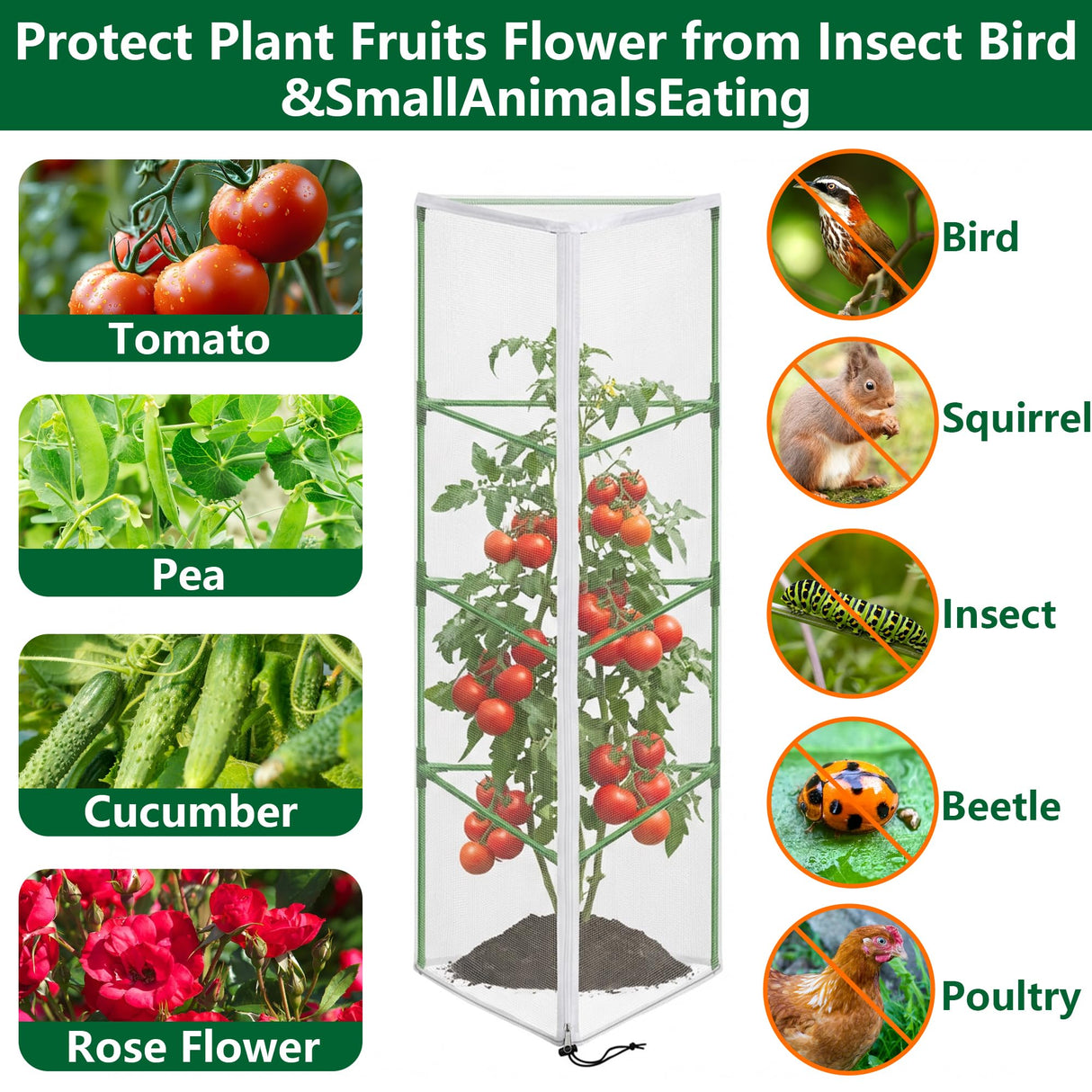 4 Pcs Garden Bird Netting for Triangle Plant Cage, 59" x 20" x 20" Tomato Cage Garden Net Cover with Zipper, Tomato Trellis Insect Bird Barrier Protection Mesh for Vertical Climbing Plant Vegetable