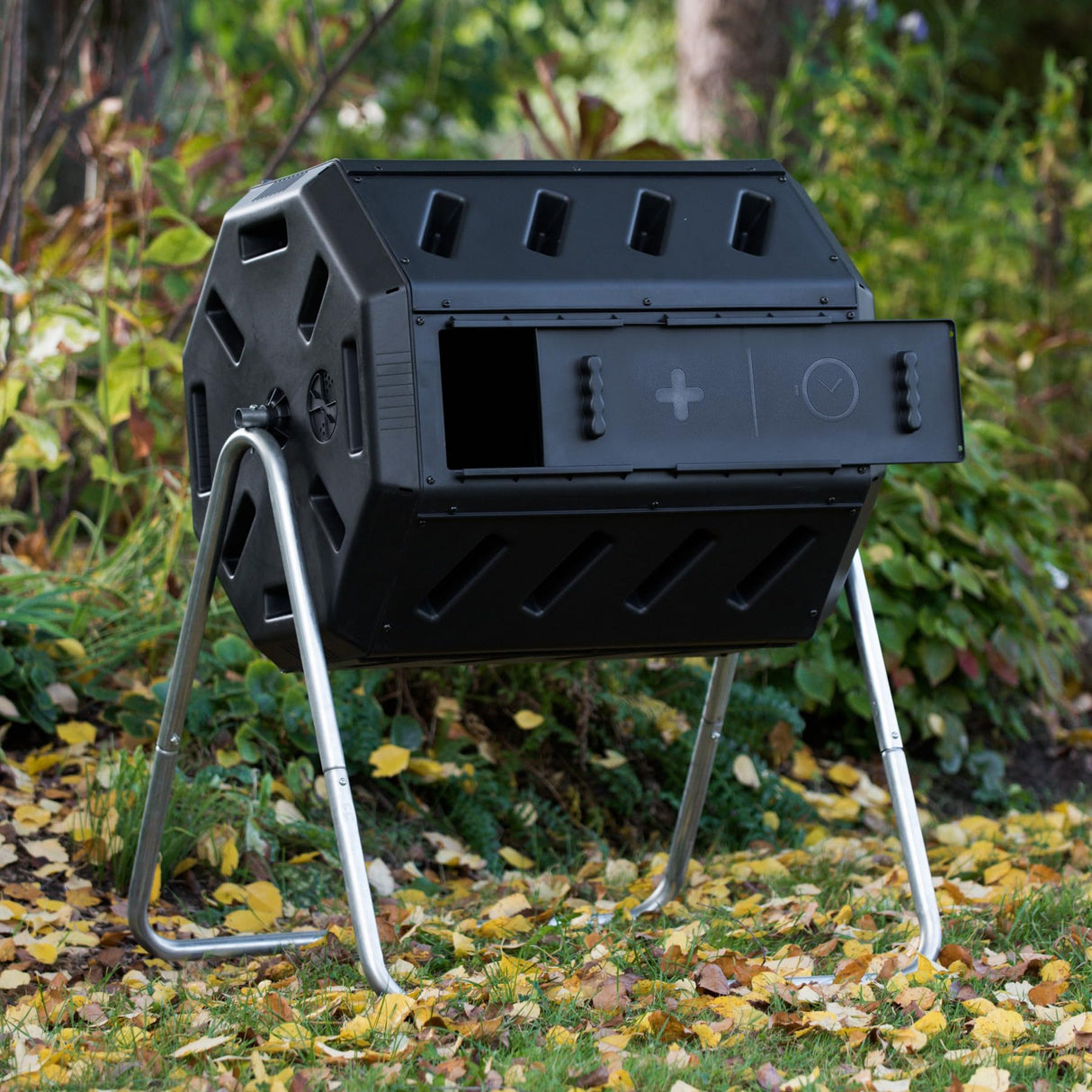 FCMP Outdoor Heavy Duty 37 Gallon 8 Sided Steel Portable Plastic Dual Chamber Tumbling Composter Outdoor Elevated Rotating Garden Compost Bin, Black