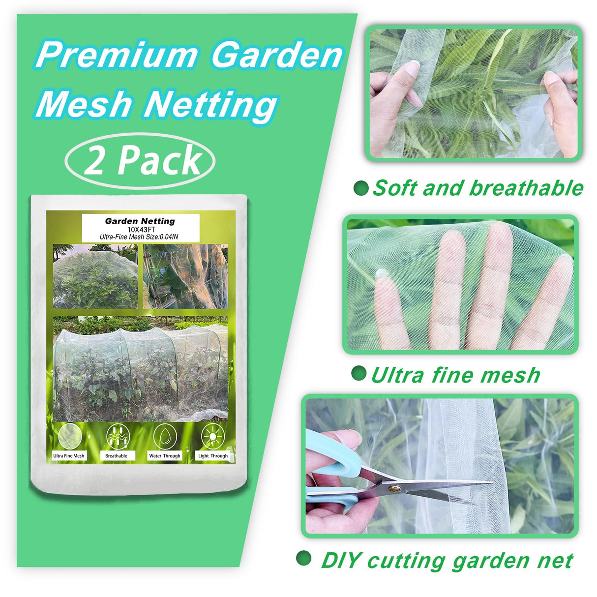 2 Pack 10X43FT Garden Netting for Raised Beds, Ultra Fine Insect Netting for Vegetable Flowers Fruits Greenhouse Crops, Garden Mesh Plant Cover Row Cover Barrier Protection Net for Birds