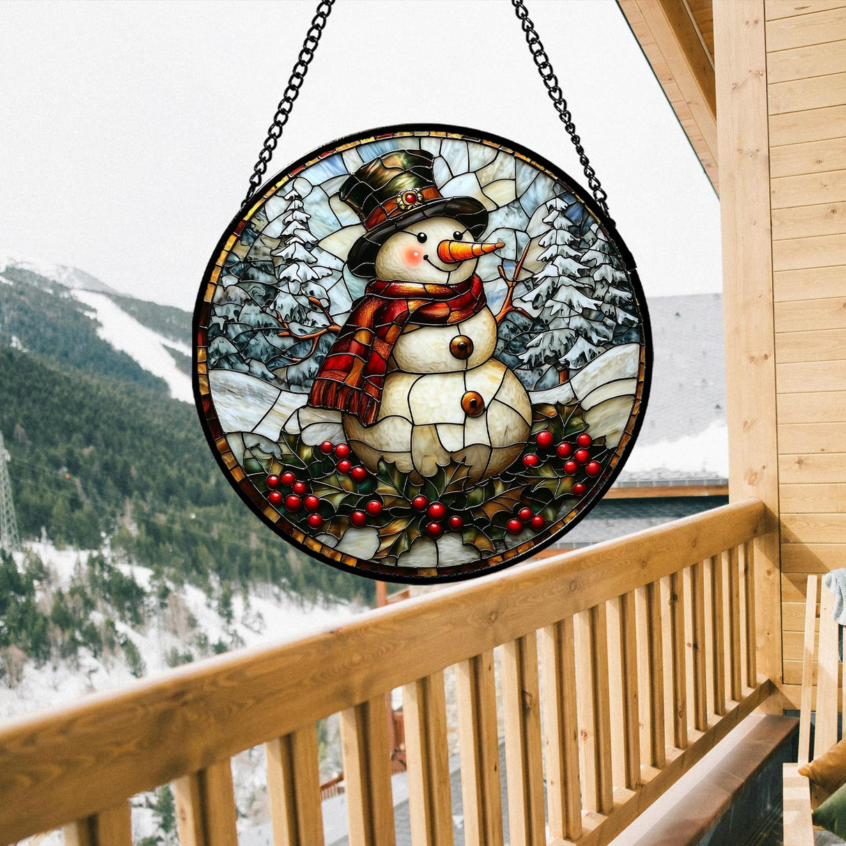 JOSUMALY Stained Glass Window Hanging - Christmas Snowman Suncatcher for Door Terrace Garden Home Decor Winter Forest Snow Sun Catcher Birthday Gifts for Lovers Women Men Dad Mom Nana 7.8 in