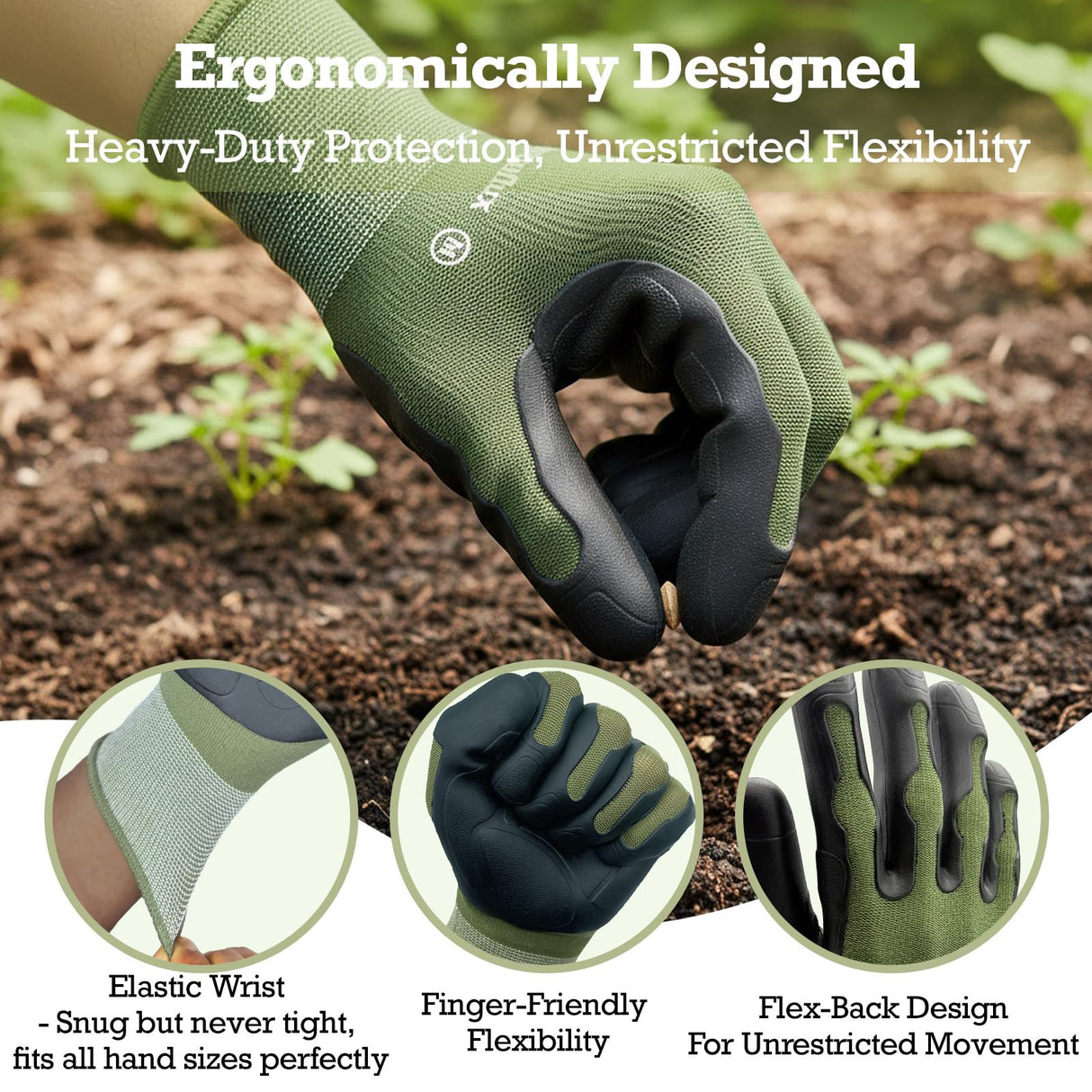 Exprosiflux 2 Pairs Non Slip TPE Gardening Gloves, Olive Green, M