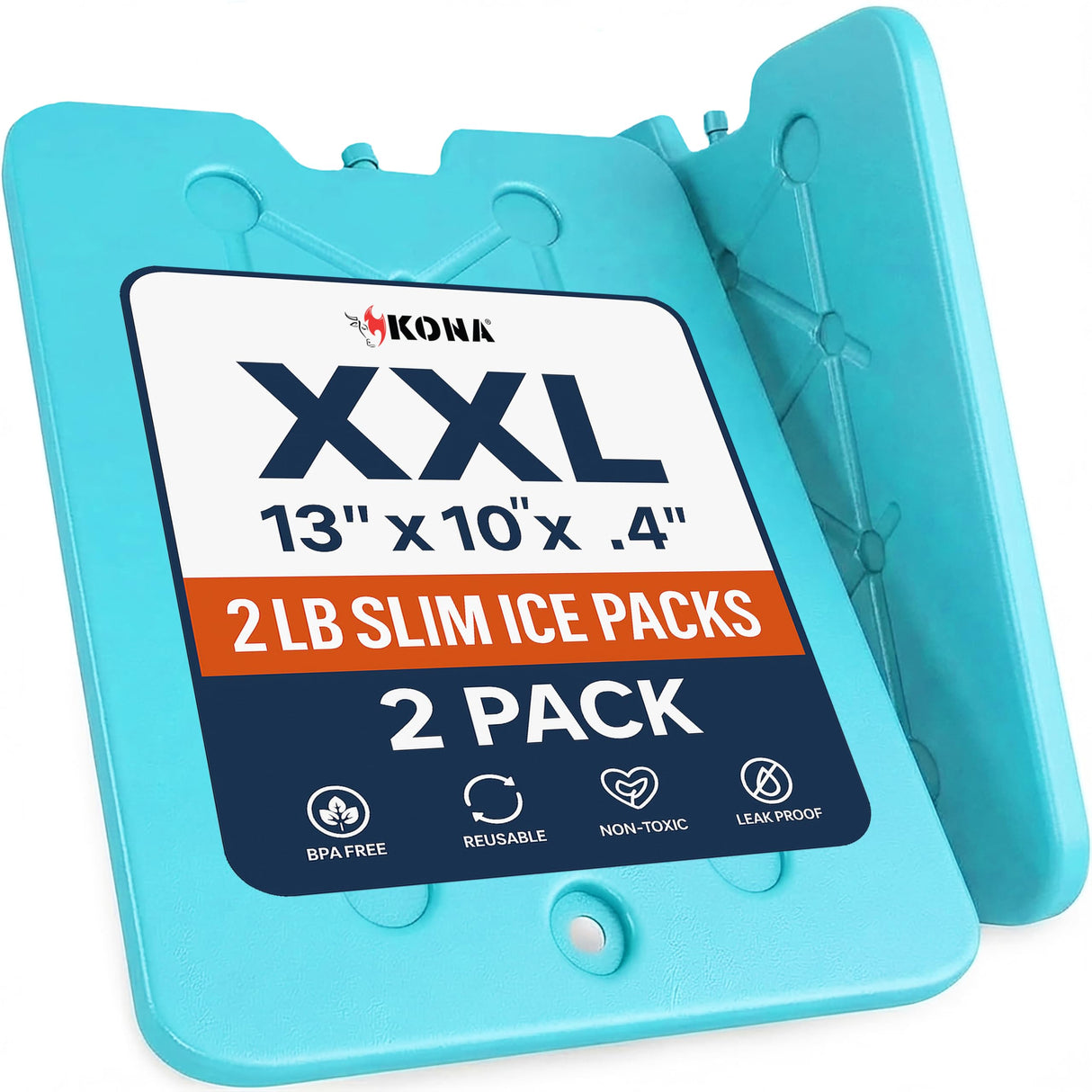 Kona XXL Ice Packs for Coolers– 2 lb Reusable Slim Freezer Pack, Long-Lasting Dry Ice Alternative for Cooler Bags, 13x10 Inch, Fast Freeze (-5°C), 2 Pack