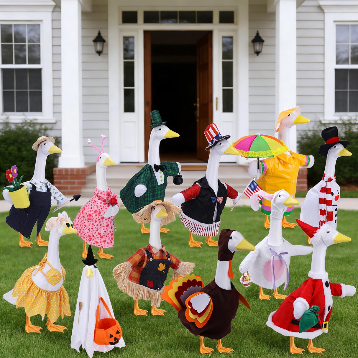 12 Set Porch Goose Outfits, Porch Goose Holiday Outfit, Spring Valentine's Day St. Patrick Easter Raincoat Summer 4th of July Halloween Fall Thanksgiving Snowman Christmas 23" Lawn Goose Clothes
