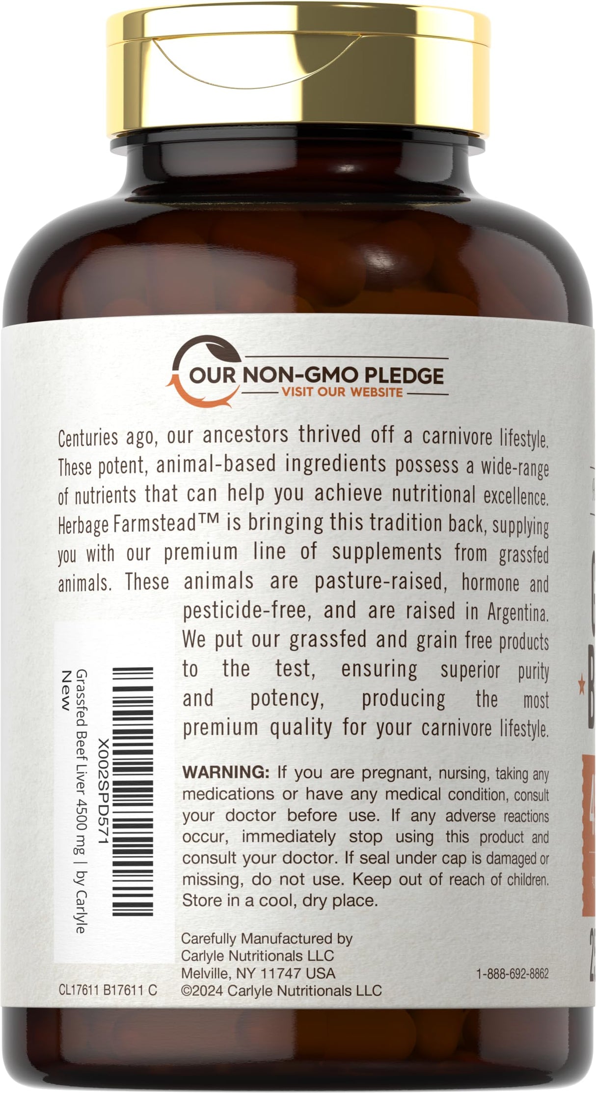 Carlyle Grass Fed Beef Liver Capsules 4500mg | 250 Count | Desiccated Supplement | Non-GMO, Gluten Free | by Herbage Farmstead