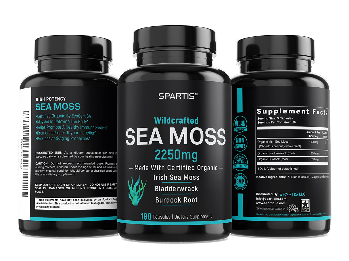 SPARTIS Certified Organic Sea Moss Capsules 2250mg Wildcrafted Irish Sea Moss Burdock Root Bladderwrack Supplement Raw Seamoss Pills & Powder (Pack of 1 at 180-Caps)