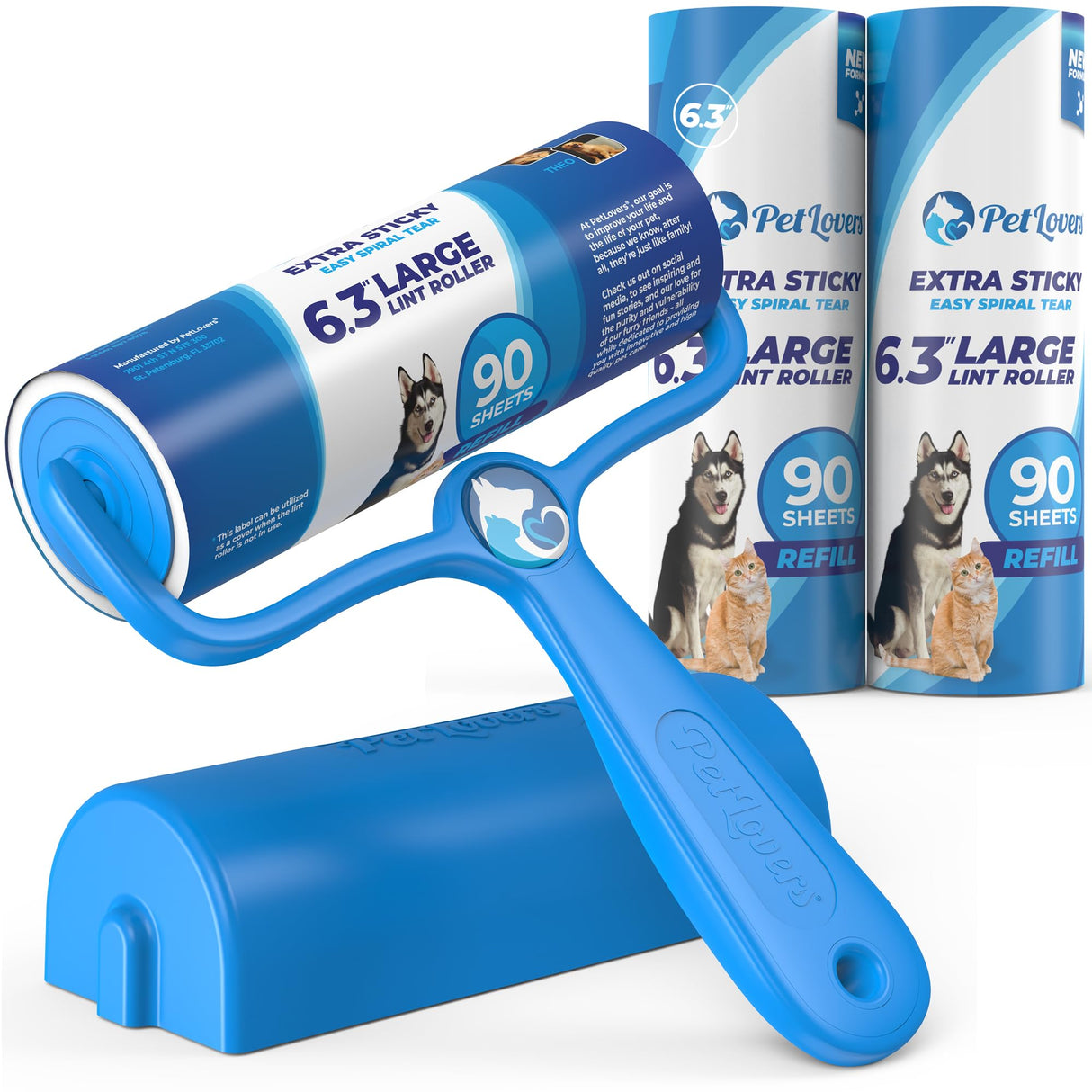 PetLovers 6.3" Large Lint Roller for Pet Hair Extra Sticky 270 Sheets, Ideal for Pet Hair Removal from Furniture & Clothes, Dog and Cat Lint Remover 3 Pack