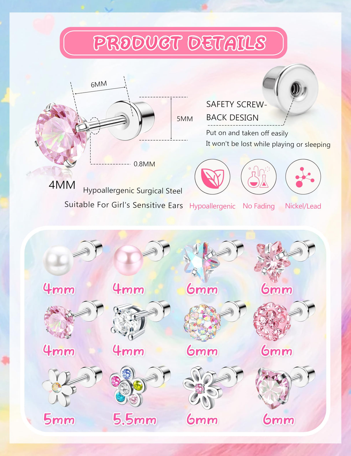SAILIMUE 12 Pairs Hypoallergenic Screw Back Earrings for Women Girls Surgical Steel Cute Heart CZ Flower Pearl Ball Tiny Screwback Stud Earring