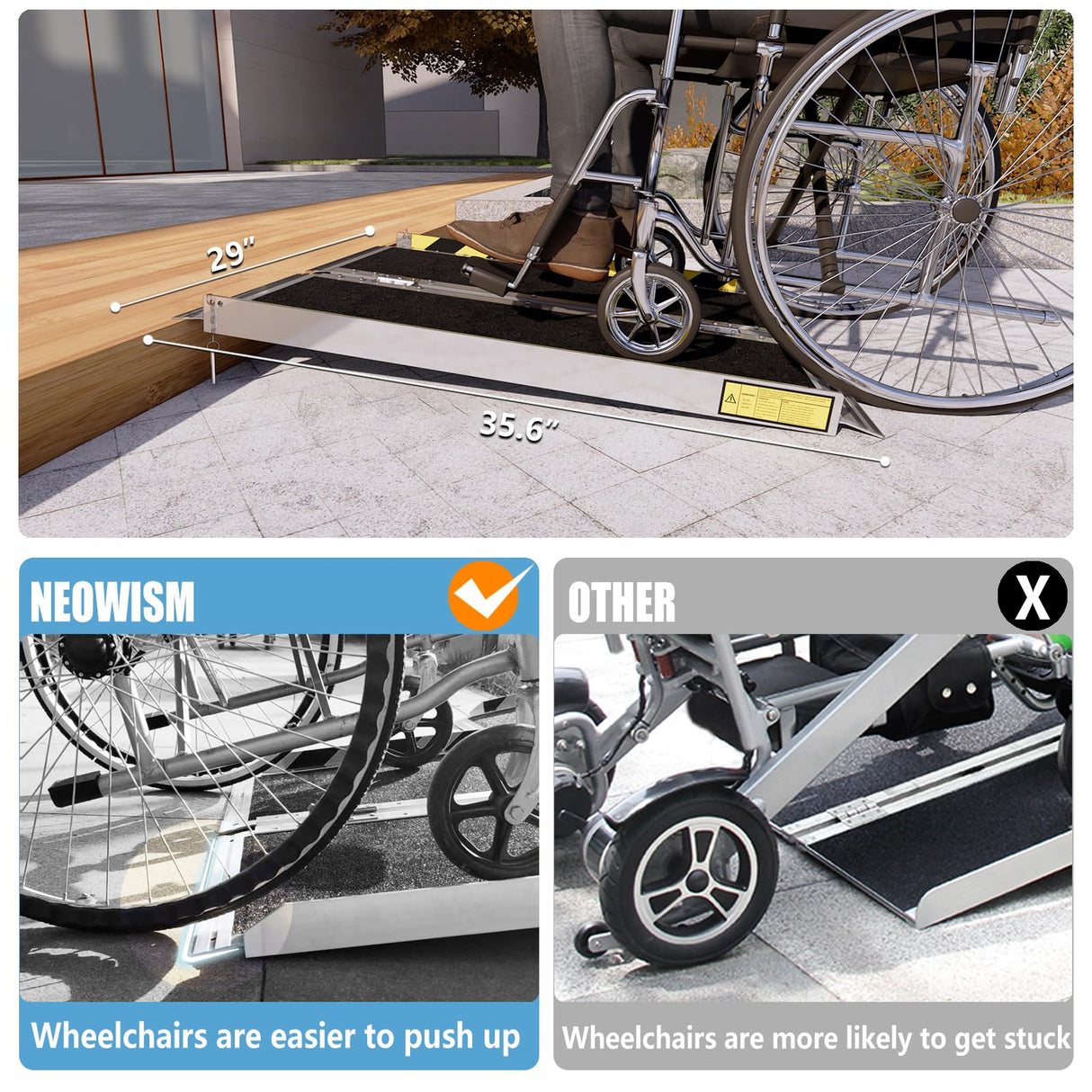 NEOWISM Protable wheelchair ramp 3FT,Non-Slip Folding Aluminum Handicap Ramps,Threshold Ramp for home,Holds up to 600lbs,Wheelchair ramp for steps,Mobility Scooter,Doorways (3FT Useing Height 3-9inch)