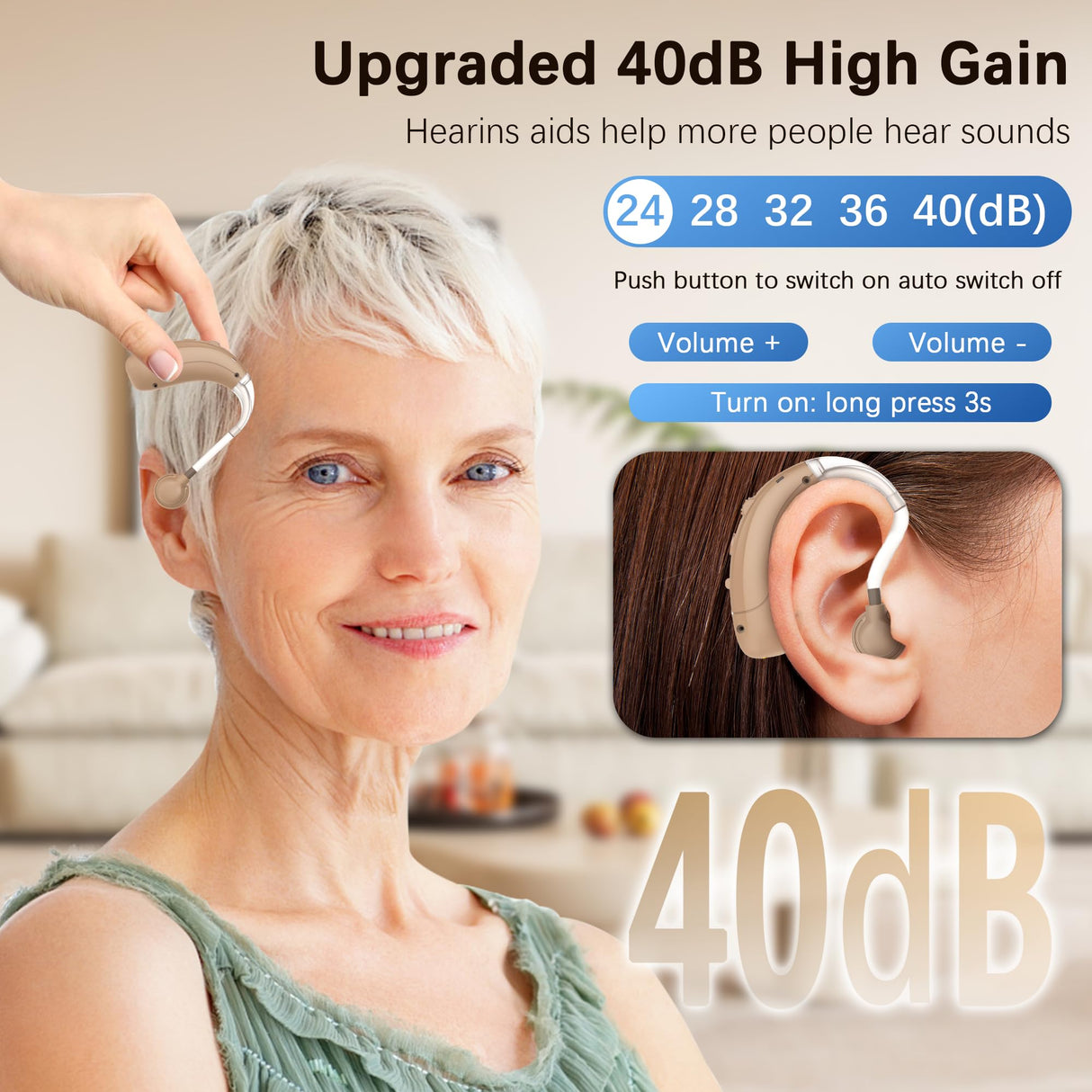 Hearing Aids for Seniors, Hearing Aids Rechargeable with Noise Cancelling and Volume Control, Hearing Amplifier for Adults Hearing Loss, Portable Behind-the-Ear Hearing Aid Headphones (colour of skin)
