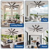 BvenuBigLite Large Ceiling Fans with Lights: Modern 72 Inch 8 Blade Outdoor Ceiling Fan with Remote APP Control - Dimmable Black Big Fan Light Indoor Reversible 6 Speed Quiet DC Motor