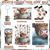 Tiangrid 6 Pcs Western Highland Cow Gifts for Women Include 20 oz Stainless Steel Tumbler with Lid Straw Cosmetic Bag Throw Blanket Keychain Socks Handbag for Highland Cow Lovers Birthday Christmas