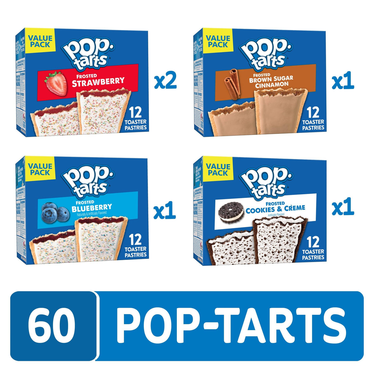 Pop-Tarts Toaster Pastries, Breakfast Foods, Kids Snacks, Value Pack, 4-Flavor Variety Pack (5 Boxes, 60 Pop-Tarts)