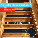 LifeGrip Outdoor Stair Treads Non-Slip 12 Pack, 6"x32" Waterproof Grip Tape for Wooden Steps, Deck, Porch - 80-Grit Adhesive Strips for Dogs, Kids & Elderly Safety