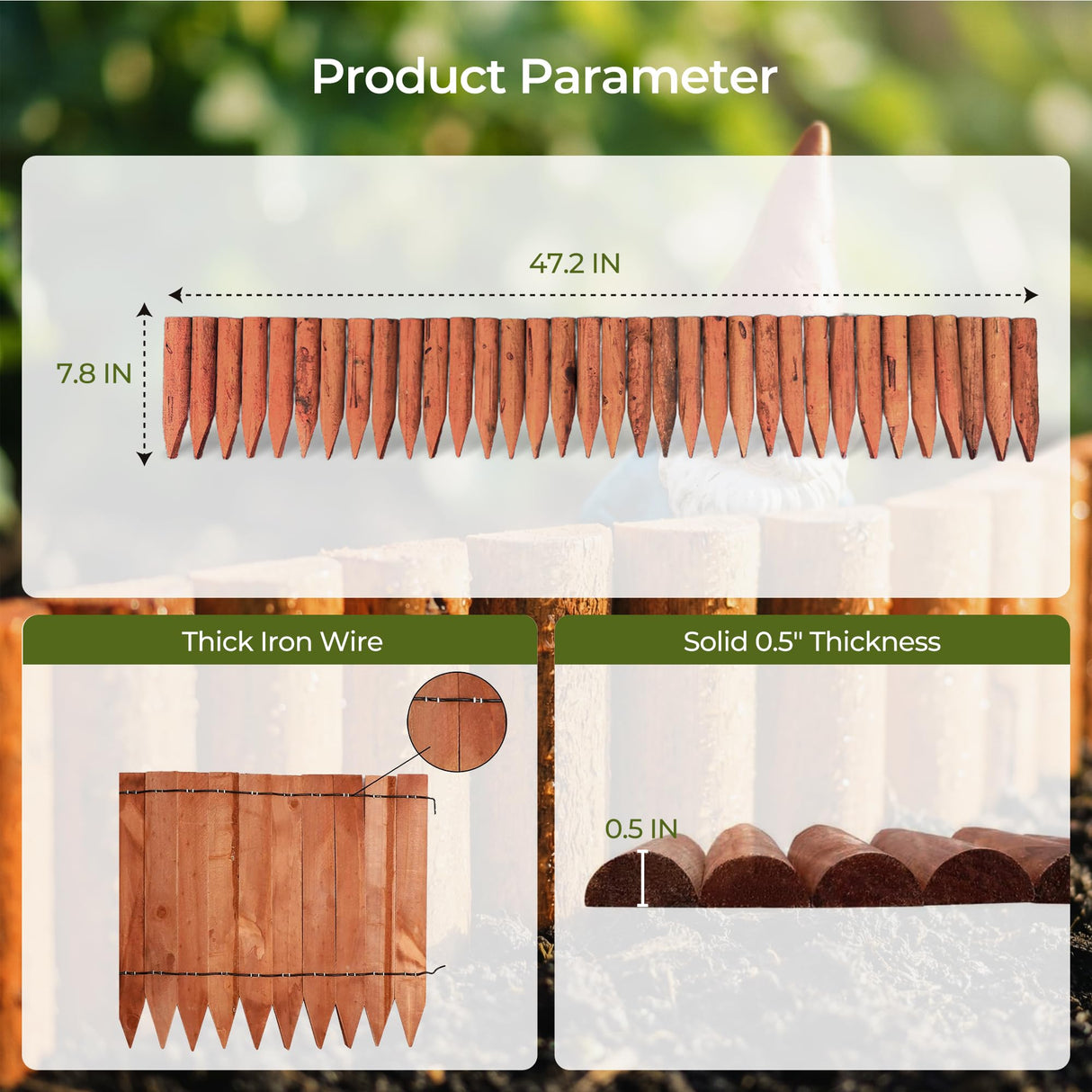 WORTH Garden Edging Border 7.9" H x 42" L, Flexible Short Wood Fence Roll Brick Red Finish, Wooden Lawn Edging for Landscaping, Wood Edging Borders for Flower Beds, Lawn & Tree Borders