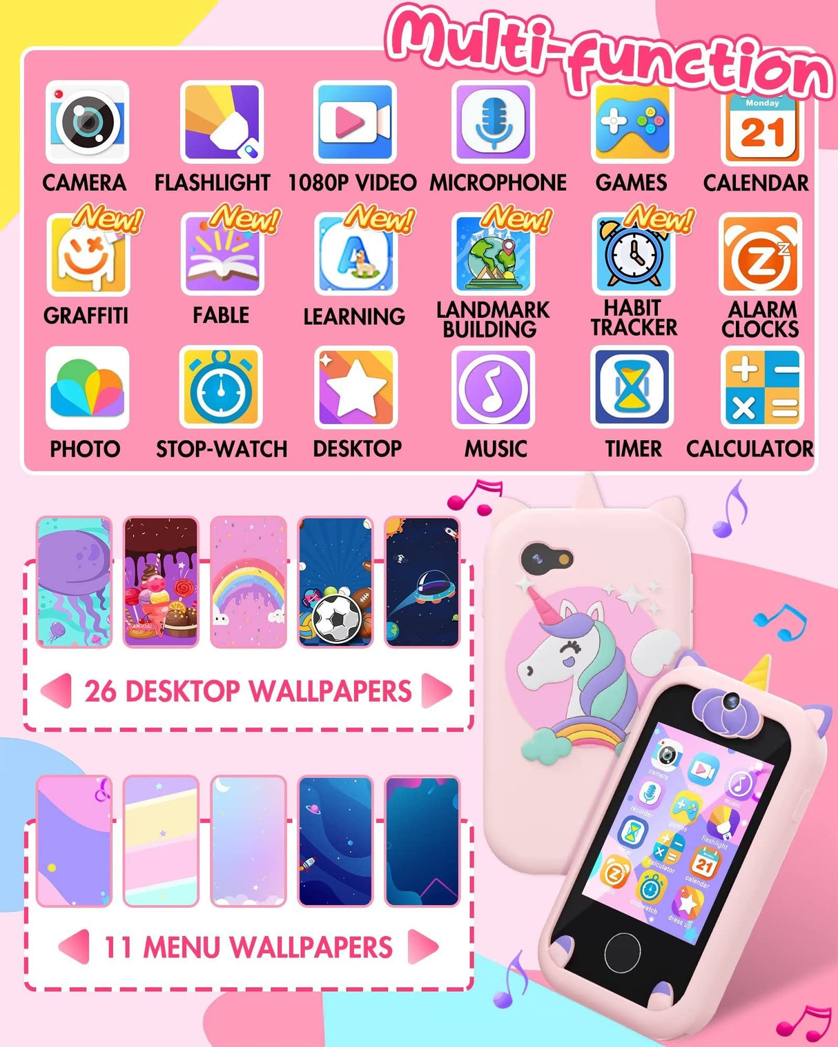 Kids Smart Phone for Girls Unicorns Gifts for Girls Toys 8-10 Years Old Phone Touchscreen Learning Toy Christmas Birthday Gifts for 3 4 5 6 7 8 9 Year Old with 8G Memory Card